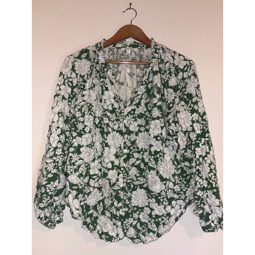 Alex and Jordan Green Floral Boho Blouse Shirt - Size Large